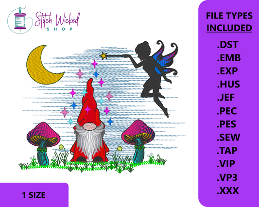 Fairy Gnome Machine Embroidery Design, Fantasy Embroidery Machine File, Gnome Mushroom Design, Gnome Fairy, Gnome Embroidery