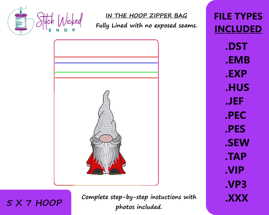 In the Hoop Gnome Bag Embroidery Design, ITH Zipper Bag, 5 X 7 Machine Embroidery Design, Fully Lined Zipper Pouch With No Exposed Seams
