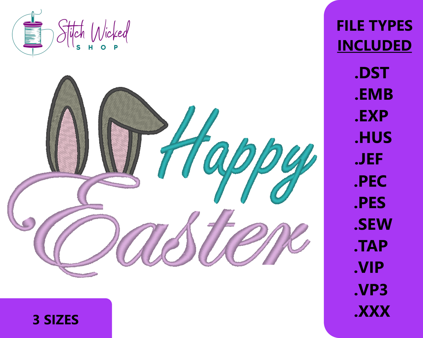 Happy Easter Embroidery Design, Bunny Ears, Bunny Ears Embroidery Desi