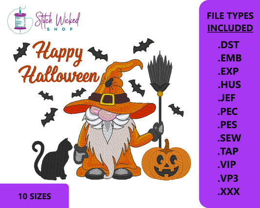 Happy Halloween Gnome Embroidery Design, Fall Machine Embroidery Design, Gnome With Cat, Gnome With Pumpkin, Gnome Design, 10 Sizes Included