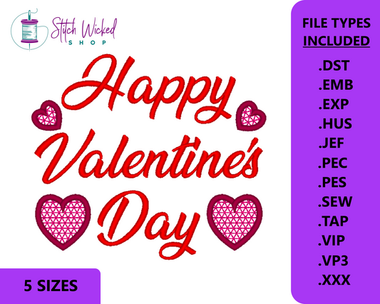 Happy Valentine's Day Machine Embroidery Design, Happy Valentine's WIth Hearts, Embroidery Pattern, Valentines Embroidery Design, 5 Sizes