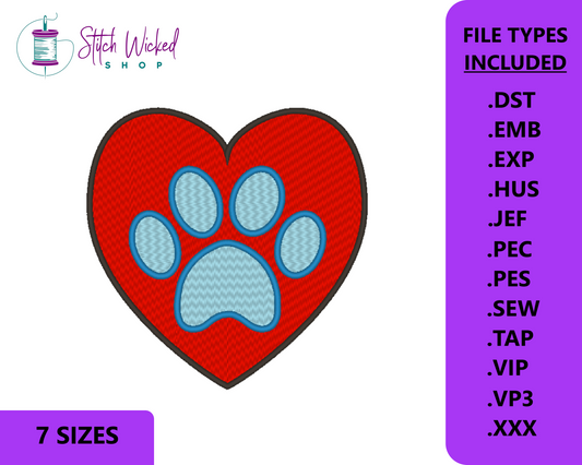 Paw Print Heart Machine Embroidery Design, Puppy Dog Paw Print, Digital Download, 7 Sizes Included - Stitch Wicked Shop