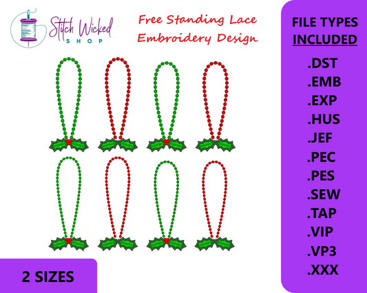 Christmas Ornament Hanger Free Standing Lace Embroidery Design, Holly Berries FSL