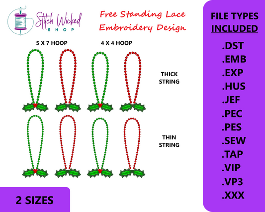 Christmas Ornament Hanger Free Standing Lace Embroidery Design, Holly Berries FSL