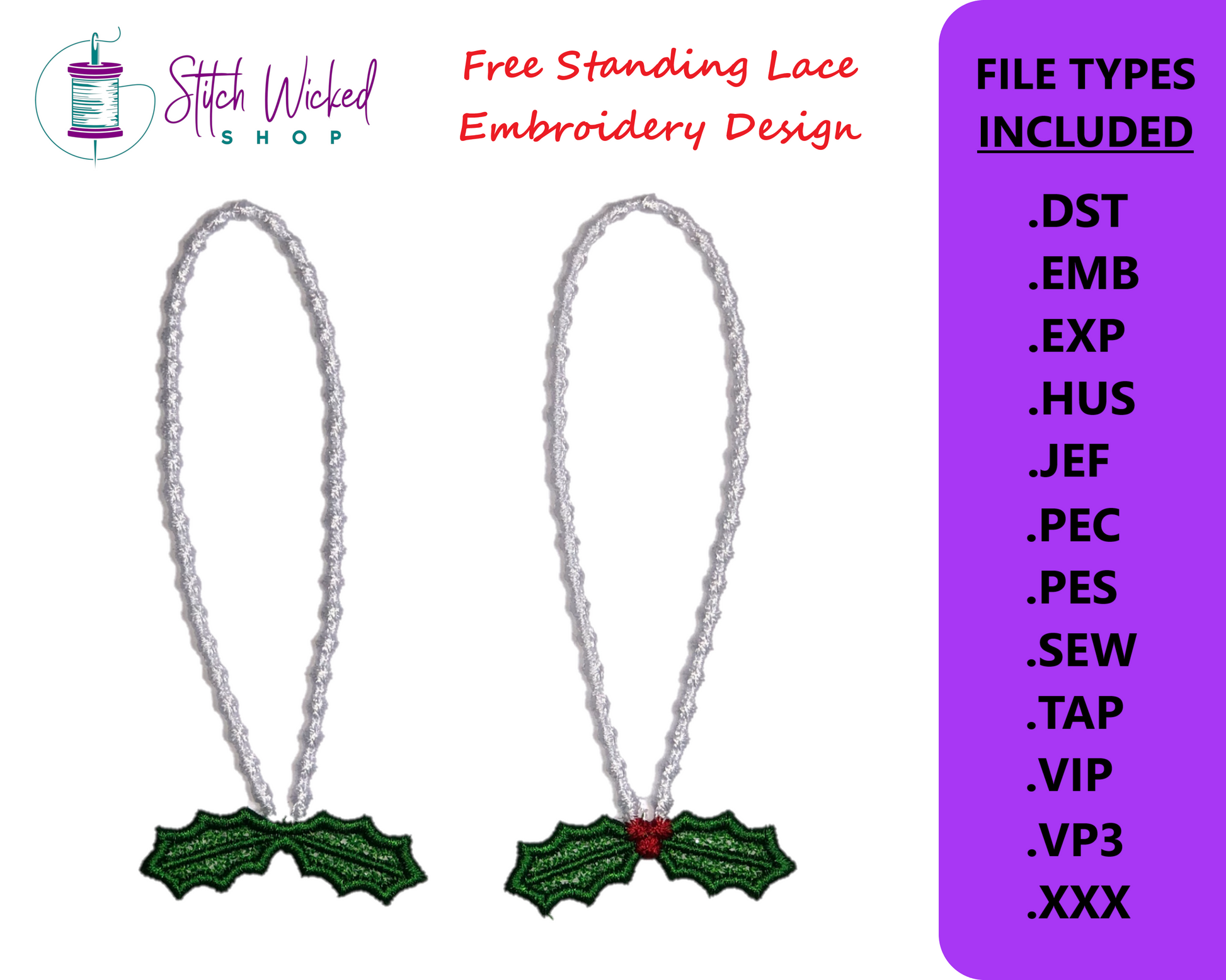 Christmas Ornament Hanger Embroidery Design, Holly Berries Free Standi