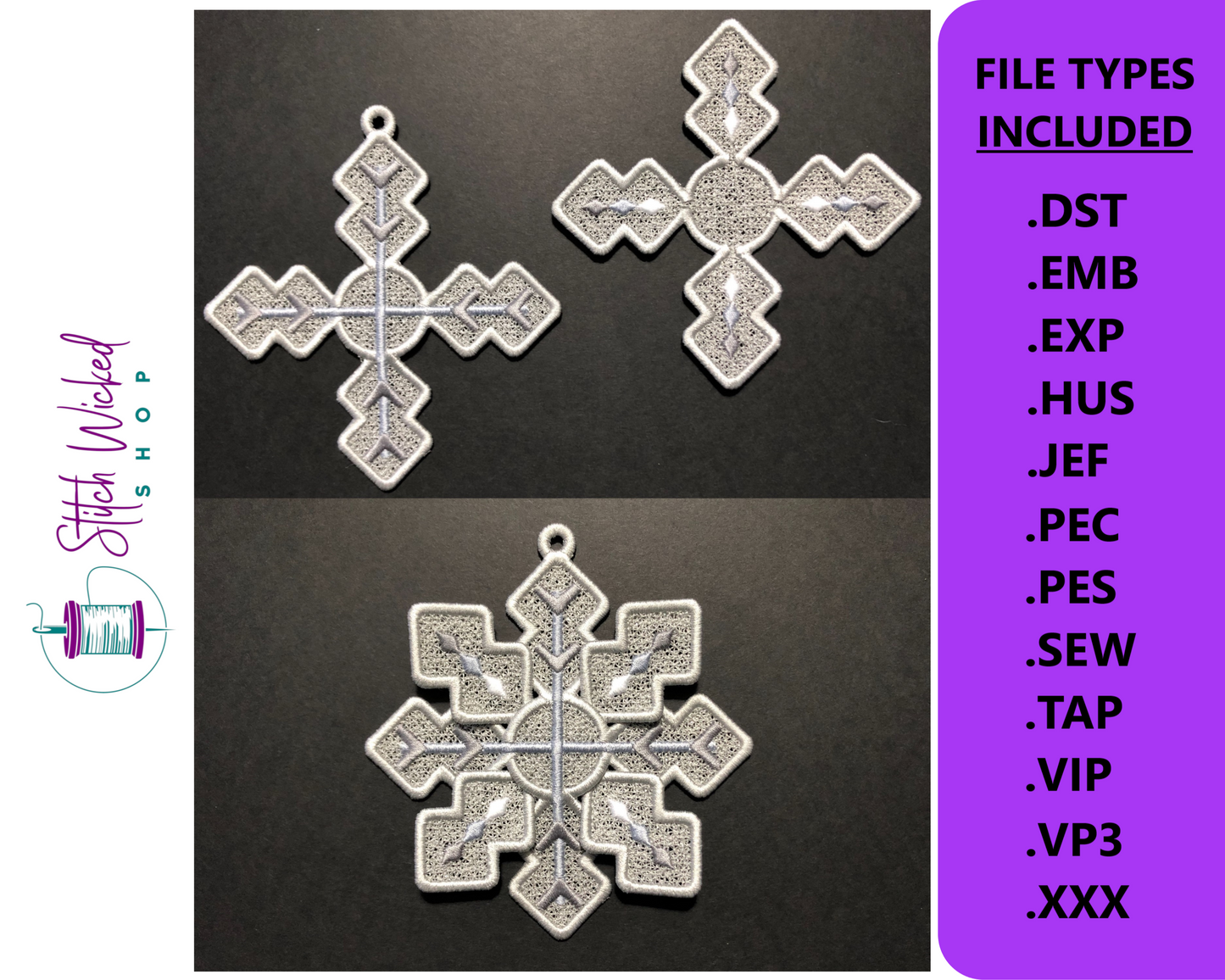 Free Standing Lace Embroidery Designs, Free Standing Lace Snowflake, FSL Christmas Ornament, Interlocking Design, Circle Snowflake, 2 Sizes