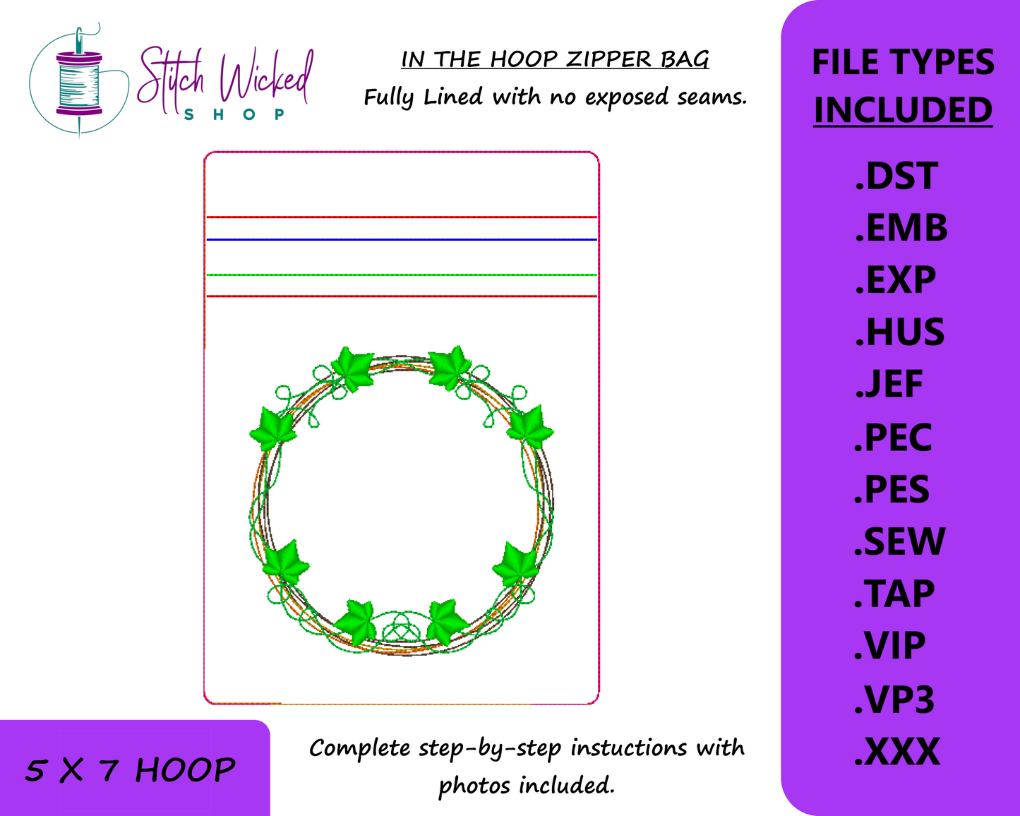 Ivy Wreath In the Hoop Bag Embroidery Design, ITH Zipper Bag, 5 X 7 Machine Embroidery Design, Fully Lined Zipper Pouch With No Exposed Seam