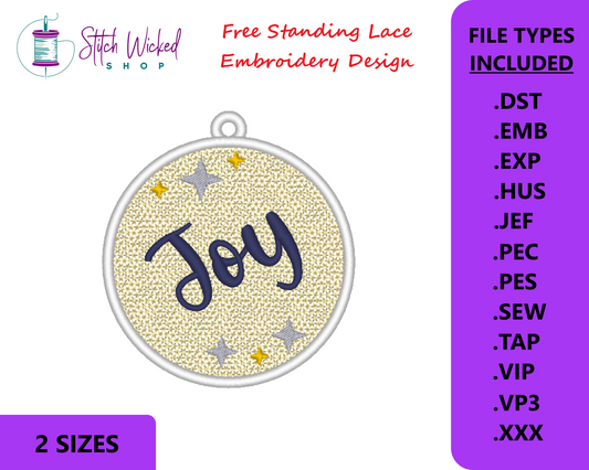 Free Standing Lace Christmas Ball Ornament Machine Embroidery Design - FSL Joy, 2 Sizes