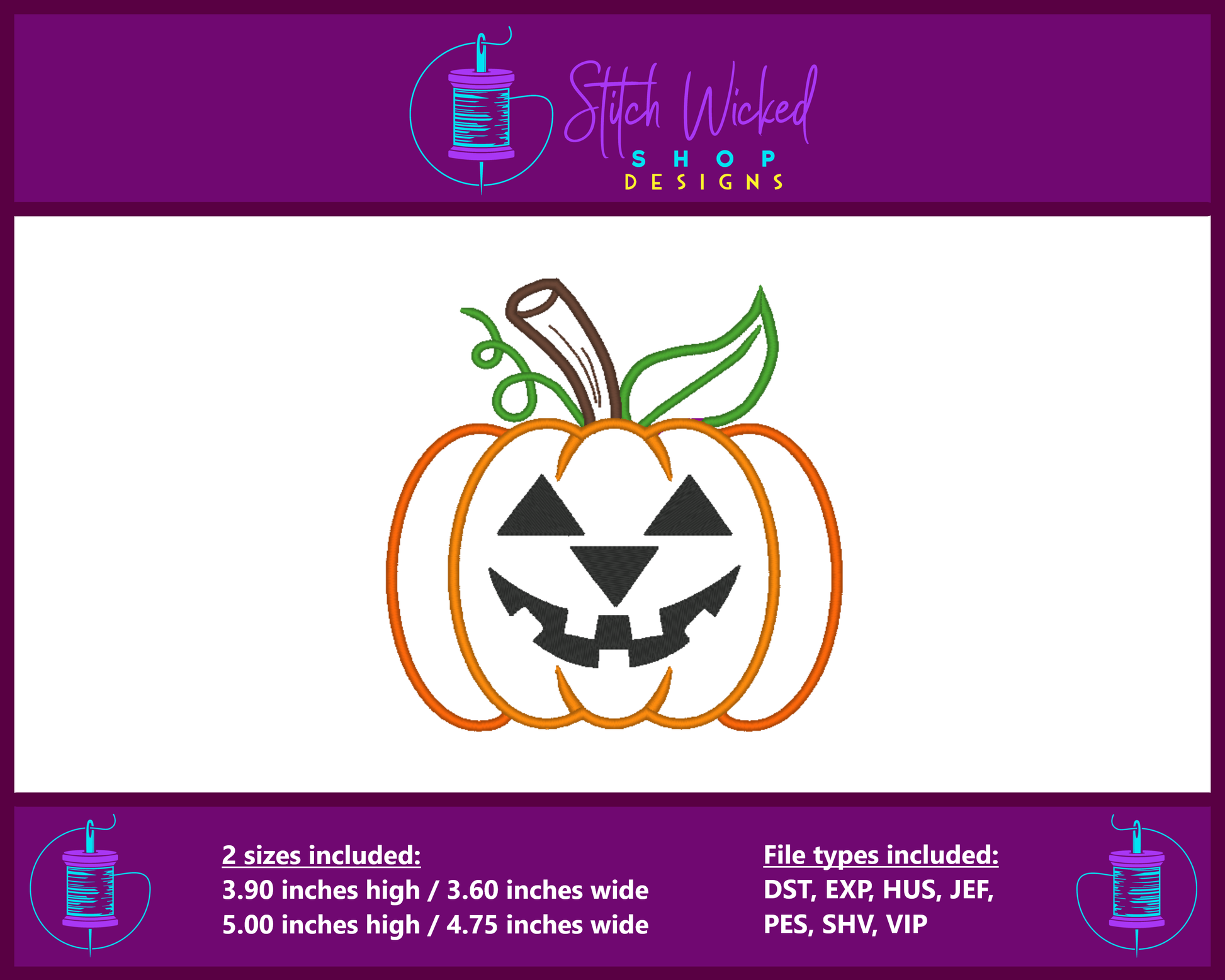 Pumpkin Jack O Lantern, Halloween Applique, Machine Embroidery Design, Digital Download (Face 3) - Stitch Wicked Shop