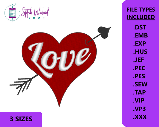 Love Heart Machine Embroidery Design, Valentines Machine Embroidery File, Valentines Day Embroidery Design, Instant Download, 3 Sizes
