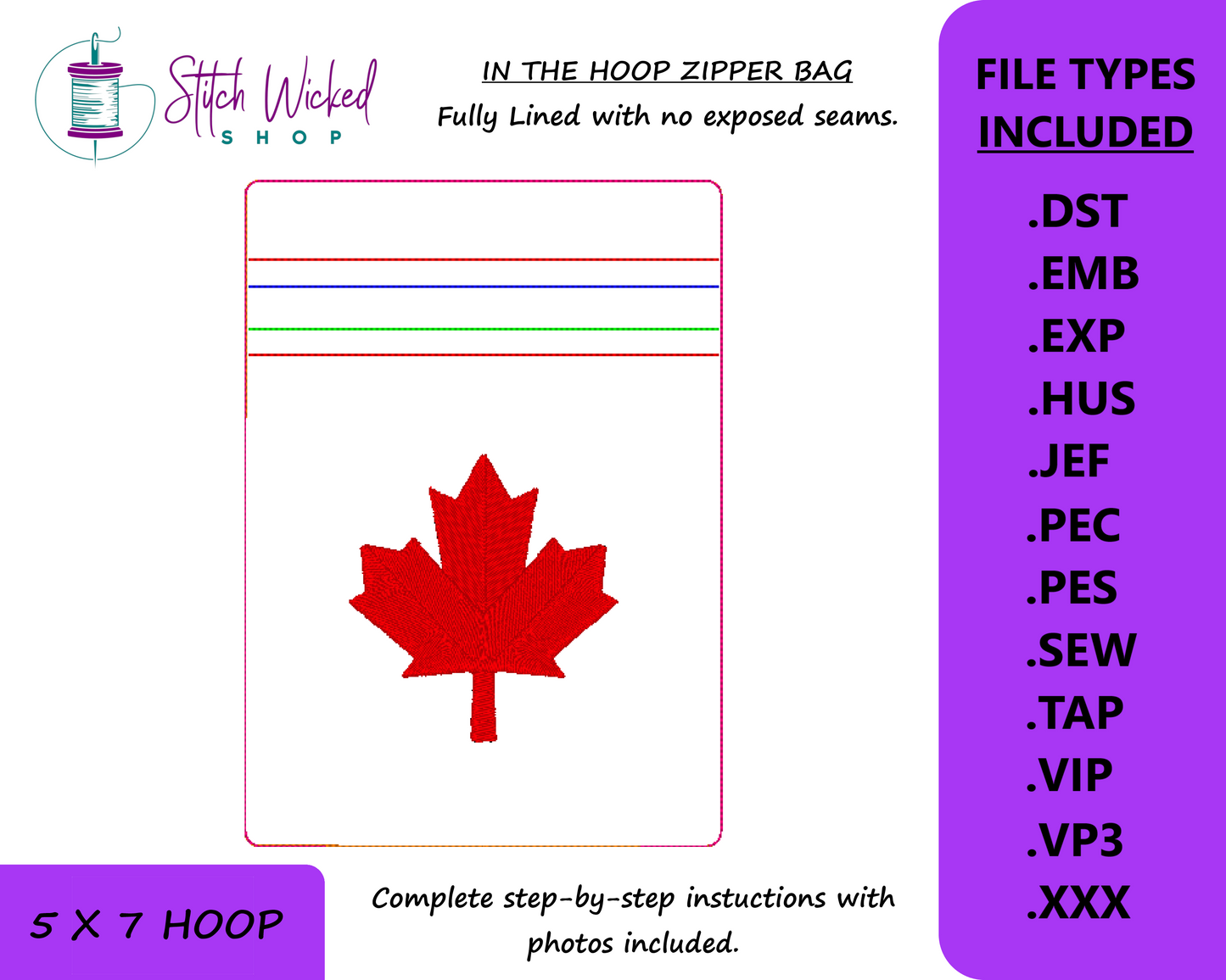 Maple Leaf In the Hoop Bag Embroidery Design, ITH Zipper Bag, 5 X 7 Machine Embroidery Design, Fully Lined Zipper Pouch, No Exposed Seams