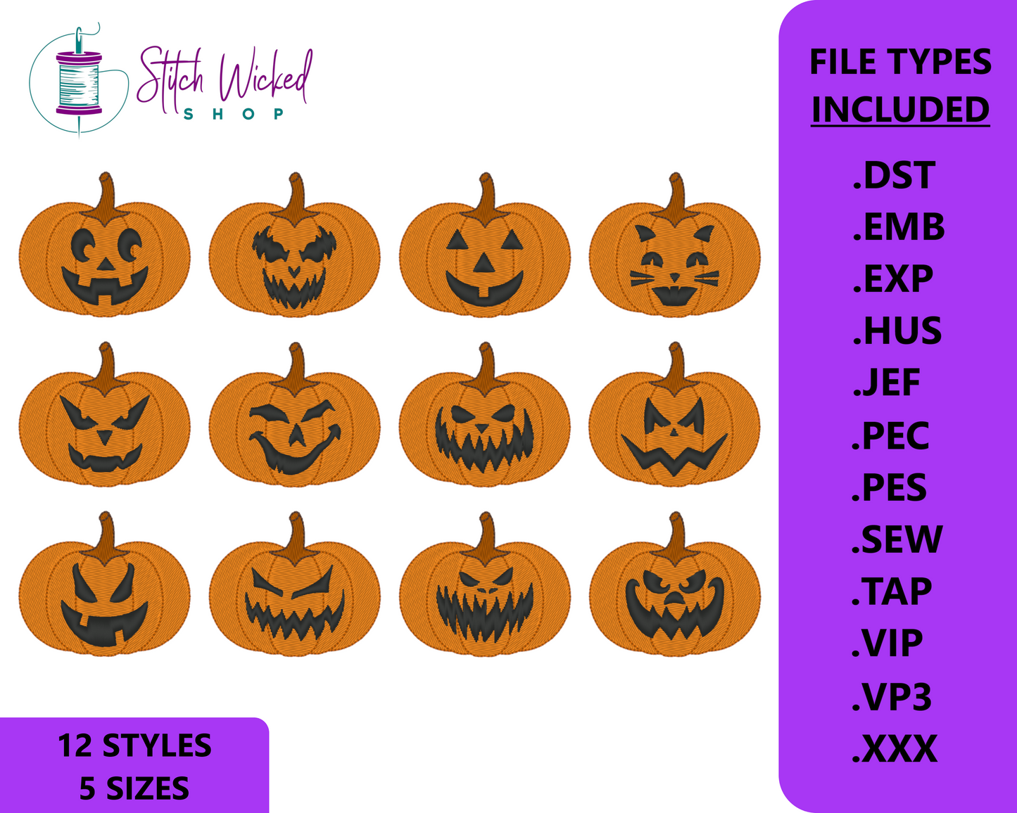 Jack O Lantern Machine Embroidery Design Bundle, 12 Days of Pumpkins Spooky Season Design Bundle