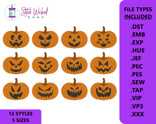Jack O Lantern Machine Embroidery Design Bundle, 12 Days of Pumpkins Spooky Season Design Bundle