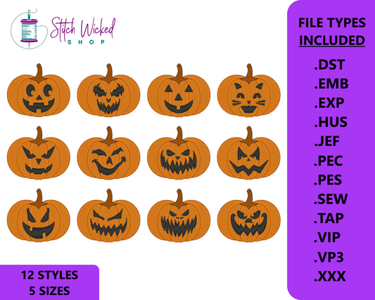 Jack O Lantern Machine Embroidery Design Bundle, 12 Days of Pumpkins Design Bundle, Halloween Spooky Season Embroidery, 12 Designs, 5 Sizes