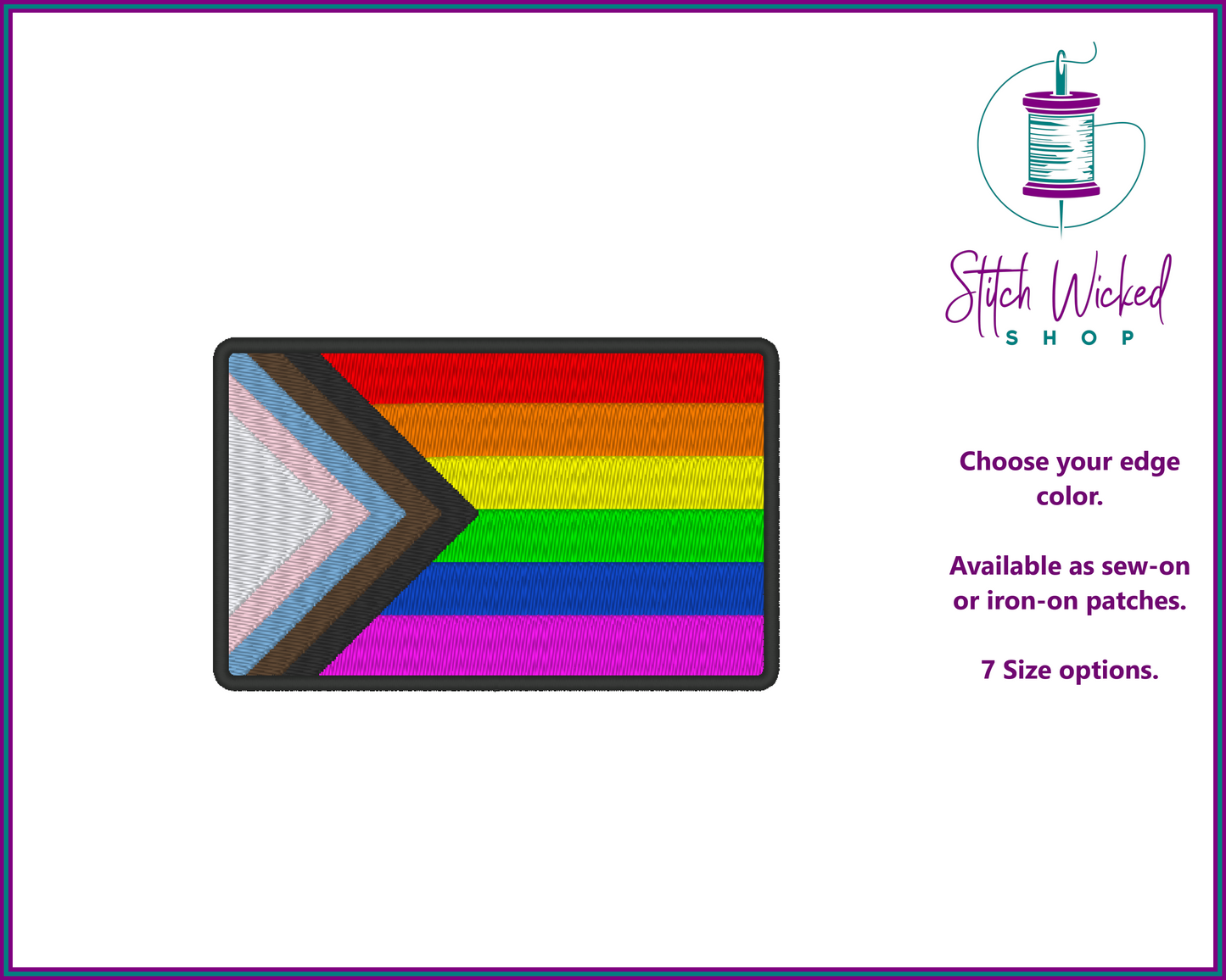 Progress Pride Flag Embroidered Patch, LGBTQ Patches, Gay Pride Flag Patch, Rainbow Flag Patch, Gay Pride Gift, Iron On or Sew On, 7 Sizes