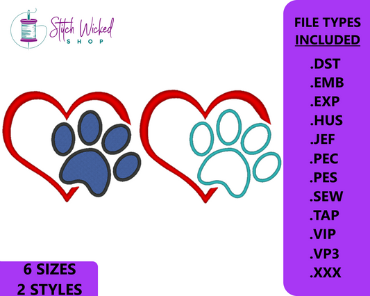 Puppy Dog Paw Print Heart Machine Embroidery Design, Applique Paw Print, Digital Download, 6 Sizes Included - Stitch Wicked Shop