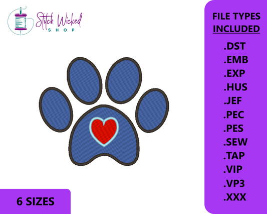 Paw Print Heart Pad Machine Embroidery Design, Puppy Dog Paw Print With Heart, Digital Download, 6 Sizes Included - Stitch Wicked Shop