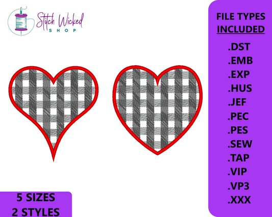 Plaid Heart Applique Embroidery Design Set, Valentines Heart Design, Applique Heart Embroidery Design, Valentines Embroidery, 5 Sizes