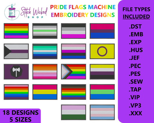 LGBTQ Pride Flags Machine Embroidery Design Bundle, 18 Designs each with 5 sizes