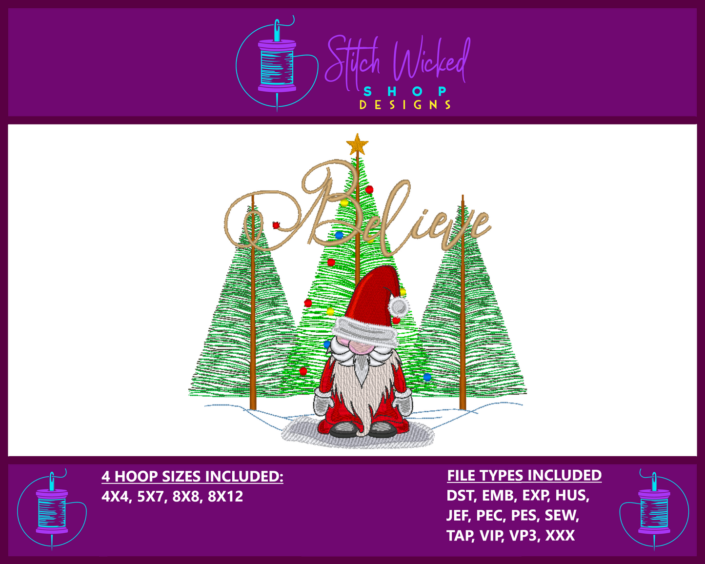 Believe Santa Gnome Machine Embroidery Design