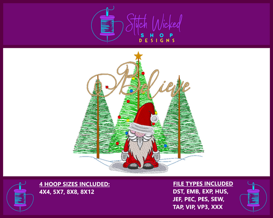 Believe Santa Gnome Machine Embroidery Design
