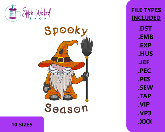 Spooky Season Embroidery Design, Halloween Gnome Machine Embroidery Design, Fall Embroidery Pattern, Gnome Embroidery, 10 Sizes Included