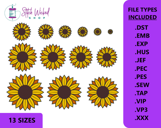 Sunflower Machine Embroidery Design, Digital Download, 13 Sizes Included - Stitch Wicked Shop