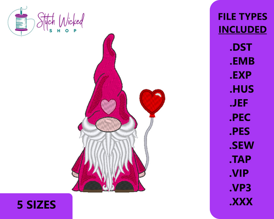 Gnome Machine Embroidery Design, Valentine Heart Balloon Gnome