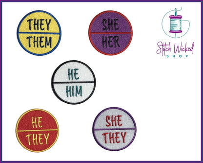 Custom Professional Pronoun Tag, Fully Embroidered Circle Patch - Stitch Wicked Shop