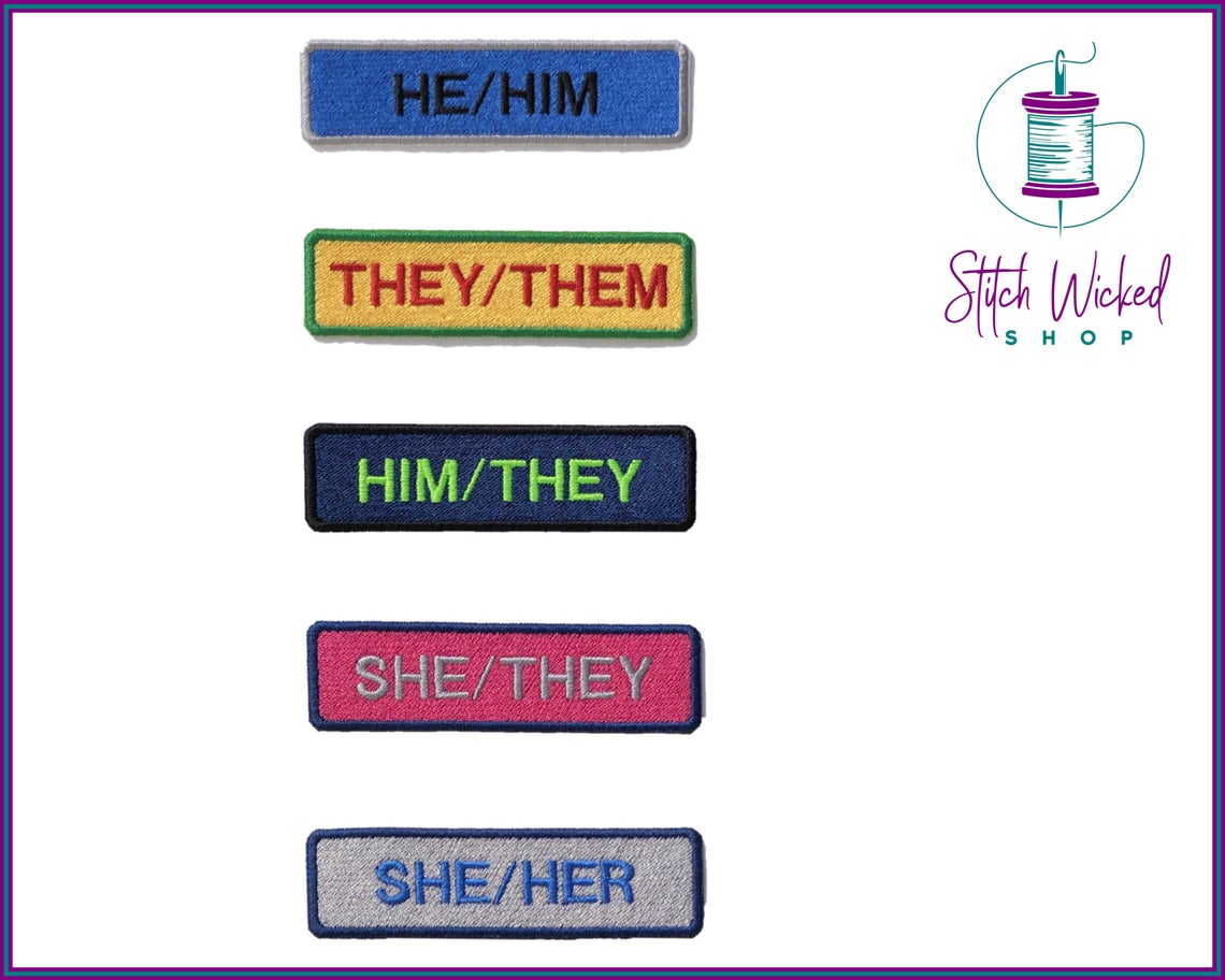 Custom Professional Pronoun Tag, Fully Embroidered Rectangle Patch - Stitch Wicked Shop
